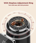 Top Shelf 64 Mm Stainless Steel Flat Burr Coffee Grinder With One Hundred Precision Grind Settings showing steppless adjustment ring.