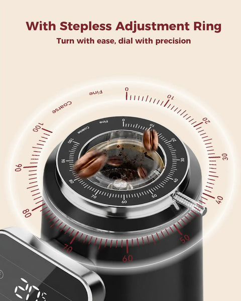 Top Shelf 64 Mm Stainless Steel Flat Burr Coffee Grinder With One Hundred Precision Grind Settings showing steppless adjustment ring.