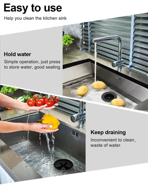 Extended Stainless Steel Garbage Disposal Basket Strainer With Flange For Standard 3.5 Inch Drain Holes Matte Black Deep Stopper 304 Stainless Steel Rustproof Durable Kitchen Sink Accessory in use, showing water holding and draining capability.