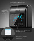 No Sweat Time Clock Machine With Fifty Heavy Duty Cards Plus Spare Ink Ribbon Wall Or Desk Mount showing backlit screen and setup buttons.