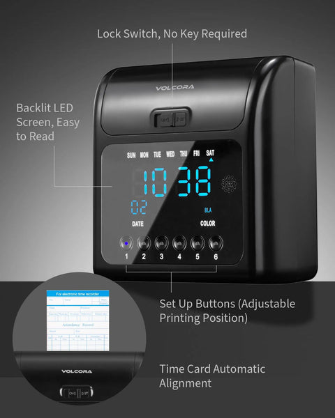 No Sweat Time Clock Machine With Fifty Heavy Duty Cards Plus Spare Ink Ribbon Wall Or Desk Mount showing backlit screen and setup buttons.