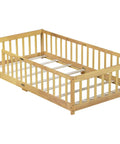 Twin Montessori Floor Bed With Full Surround Safety Guardrails For Little Explorers, Crafted From Premium Pine Wood with safety guardrails.