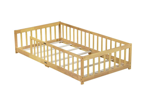 Twin Montessori Floor Bed With Full Surround Safety Guardrails For Little Explorers, Crafted From Premium Pine Wood with safety guardrails.