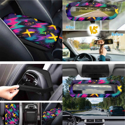 Dope Neon Abstract Car Seat Cover Set 16 Piece For Front And Rear Seats With Shoulder Pads Steering Wheel Cover on car interior