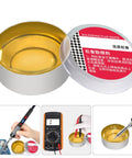 Premium Solder Rosin Flux Paste For Circuit Boards And Electronics Repair, open tin showing golden flux, with lid and usage examples