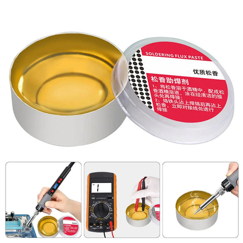 Premium Solder Rosin Flux Paste For Circuit Boards And Electronics Repair, open tin showing golden flux, with lid and usage examples