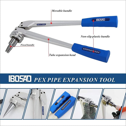 Manual PEX Expander Tool Kit With 3/8 Inch, 1/2 Inch, 3/4 Inch And 1 Inch Expansion Heads shown with non-slip handles.