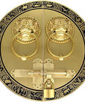 Bulletproof Heavy Duty Solid Brass Slide Bolt Latch, Portable Security Door Lock With Thick Reinforced Mounting Plate For Yard Gates Sheds And Entryways Lockdown Ready Tight Seal, ornate circular design with lion handles.