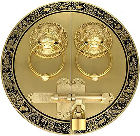 Bulletproof Heavy Duty Solid Brass Slide Bolt Latch, Portable Security Door Lock With Thick Reinforced Mounting Plate For Yard Gates Sheds And Entryways Lockdown Ready Tight Seal, ornate circular design with lion handles.