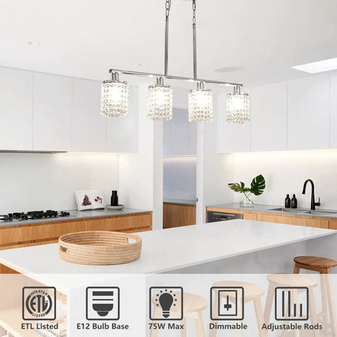 Dope Four Light Crystal Island Pendant For Kitchen And Dining Room Chrome Frame With K9 Crystals Adjustable Rods Above Island