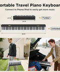 Collage showing folded and unfolded 88 Key Magnetic Split Piano Keyboard, Detachable Travel Electric Piano for Beginners with carry bag.