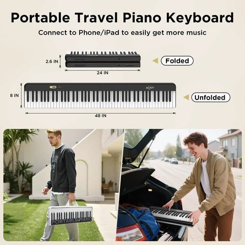 Collage showing folded and unfolded 88 Key Magnetic Split Piano Keyboard, Detachable Travel Electric Piano for Beginners with carry bag.