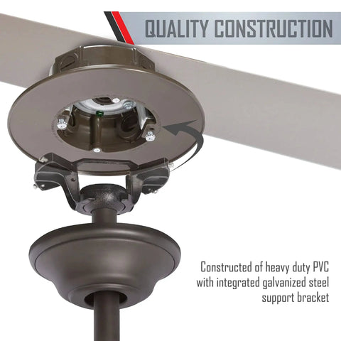 Bronze Outdoor Ceiling Fan Electrical Box With 4.75 Inch Box For Weatherproof Mounting Of Outdoor Fans And Chandeliers installed view
