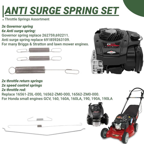 54 Piece Replacement Throttle Springs Assortment Kit For Honda Briggs And Stratton Small Engines and Generators displayed with springs and engine.