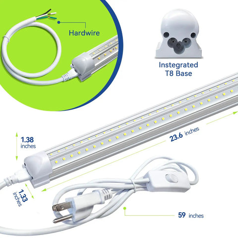 V Shaped Two Foot LED Shop Light 20W 5000K Daylight 2500LM Linkable Plug In Ceiling Lighting components and dimensions