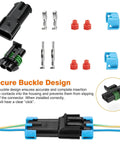 Linkstyle 10 Sets of Heavy Duty Weather Pack Connectors For 14 To 12 AWG Wires Featuring Waterproof Housings Male And Female Plugs With Copper Terminals Perfect For Automotive Repairs And Quick Wire Splice Jobs That Stick Without Fail. Black waterproof connector set with copper terminals, seals, and blue locks for 14-12 AWG wiring