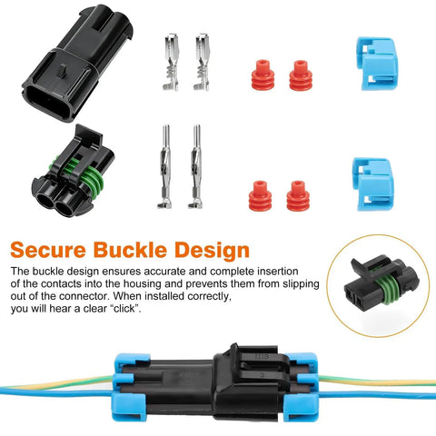 Linkstyle 10 Sets of Heavy Duty Weather Pack Connectors For 14 To 12 AWG Wires Featuring Waterproof Housings Male And Female Plugs With Copper Terminals Perfect For Automotive Repairs And Quick Wire Splice Jobs That Stick Without Fail. Black waterproof connector set with copper terminals, seals, and blue locks for 14-12 AWG wiring