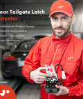 Mechanic showing Toyota Sequoia rear liftgate latch actuator replacement for 2001 2007 SUV in a garage setting.