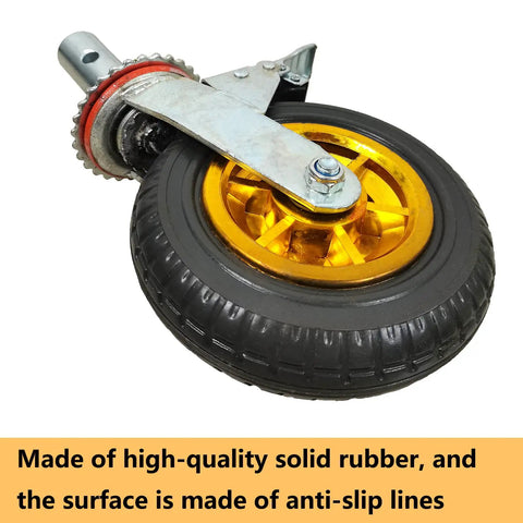 Bulletproof 8 Inch Rubber Scaffolding Caster Wheels 4 Pack close-up view of solid rubber tire and swivel locking mechanism.