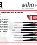 8 Piece Precision Nut Driver Set Inch Size With Narrow Profile And Tapered Handles In Chrome Satin Finish, sizes displayed.