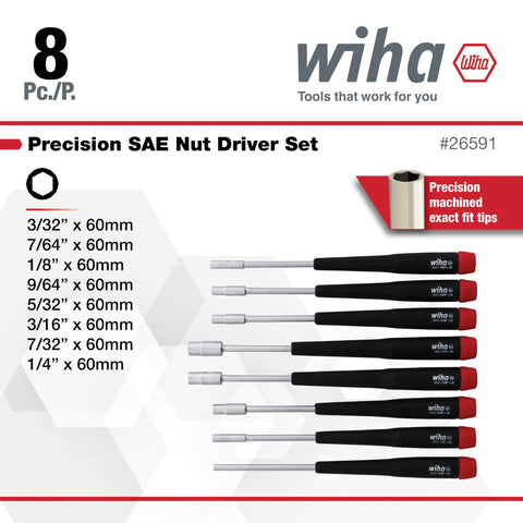 8 Piece Precision Nut Driver Set Inch Size With Narrow Profile And Tapered Handles In Chrome Satin Finish, sizes displayed.