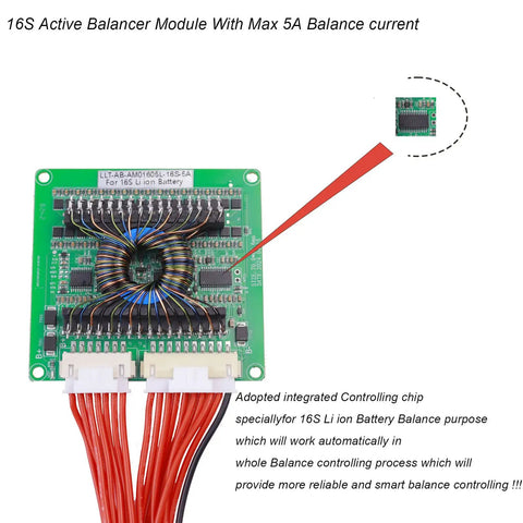 Top Tier 16S LiFePO4 Active Balancer Module Designed For 48V Lithium Battery Energy Transfer With 5A Amp Equalization close-up image.