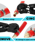 Beast All In One PEX Crimping Tool Kit With 2 In 1 Ratchet Cinch And Removal, showing close-up of cinch tool on pipes.