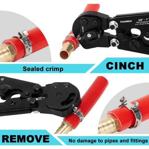 Beast All In One PEX Crimping Tool Kit With 2 In 1 Ratchet Cinch And Removal, showing close-up of cinch tool on pipes.