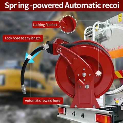 1 Inch Fuel Hose Reel With 50 Ft Retractable Ratchet Spring Drive, Diesel Hose Reel With 360 Degree Swivel, on service truck