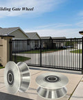 Stainless Steel Sliding Gate Wheel With V Groove Roller for beefy heavy duty gates and garage doors, shown in front of gate.