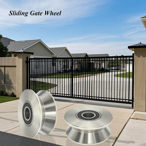 Stainless Steel Sliding Gate Wheel With V Groove Roller for beefy heavy duty gates and garage doors, shown in front of gate.