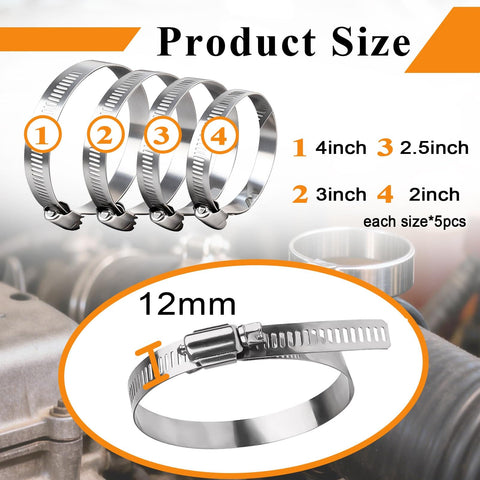 Stainless Steel Hose Clamp Kit 20 Pcs 40 To 108 mm Adjustable Worm Gear Assortment For Fuel Lines Auto System Dryer Vent