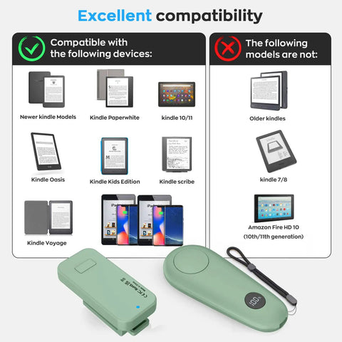 RF Remote Page Turner Clicker For Kindle Paperwhite Scribe Oasis And Tablets Green Hands Free Reading Accessory shown with compatibility chart