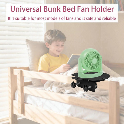 Adjustable Bunk Bed Fan Holder With Heavy Duty Clamp Bracket For Dorm Rooms, green fan secured on a bunk bed.