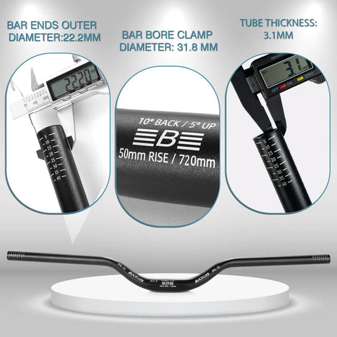 Beefy Aluminum MTB Handlebar 25.4 to 31.8mm Clamp, 50mm Rise, 720mm Wide, Rugged Riser Bar With Measurements Shown