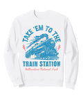 Yellowstone Train Station Sweatshirt Featuring Fresh Vintage Steam Locomotive Graphics For Railroad Buffs And Road Trip Crews Seeking Comfy Trail Ready Gear, white crewneck with retro train print.