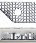 Silicone Sink Mat 26x14 With Center Drain, Go-To Heat Resistant Kitchen Sink Protector in use with dishes and cookware