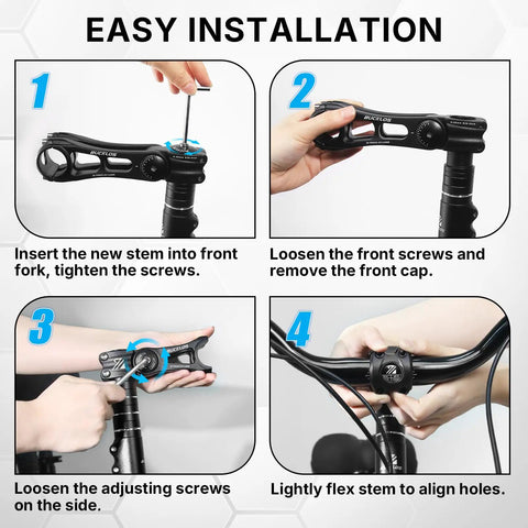 Installation steps for Adjustable Mountain And Road Bike Stem With 25.4mm And 31.8mm Clamps, 80 Degree Riser.