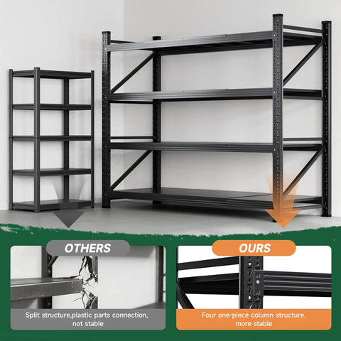 Heavy Duty Metal Garage Shelving Unit With 71.3 Inch Wide 24 Inch Deep 70 Inch Tall Industrial Black 4 Tier Adjustable Storage Racks, 5000 Lb Capacity For Shop And Warehouse displayed comparing stability with others.