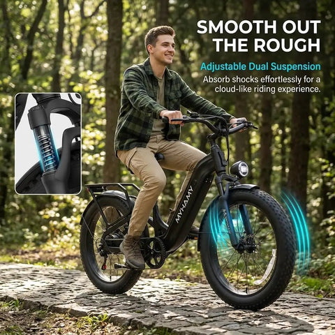 Man riding Powerful 2000W Peak Electric Mountain Bike With 864Wh Battery And Step Through Frame Delivers 40 To 80 Mile Range