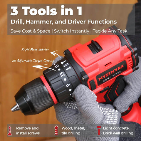 21V Max Brushless Cordless Hammer Drill Driver Kit With Two 2.0Ah Batteries in hand showing drill, driver, hammer modes