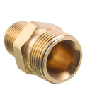 Brass pressure washer adapter, hex body, 3/8 in NPT male to M22 14mm male threads (close-up)