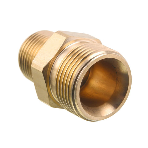 Brass pressure washer adapter, hex body, 3/8 in NPT male to M22 14mm male threads (close-up)