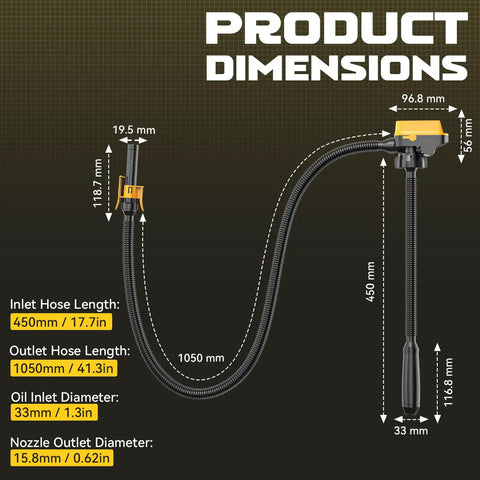 Product dimensions of Heavy Duty Cordless Fuel Transfer Pump Rechargeable Battery Gas Dispenser Hose, showcasing hose lengths and diameters.
