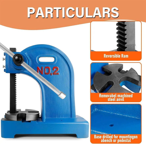 Solid Build Manual Arbor Press With Easy Spin Hand Wheel And Flip Ram, 2 Ton Squeeze For Stamping Leather Aluminum And Custom Crafts, Wide 8.5 Inch Throw with reversible ram and steel anvil.
