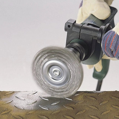 5 Piece Drill Wire Brush Set For Rust Removal And Surface Stripping With 0.012 Inch Carbon Steel Wire And 1/4 Inch Arbor in use on metal