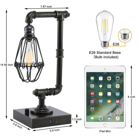 Dope Steampunk Table Lamp With USB Ports in bronze finish, industrial desk lamp with dimensions and Edison bulb, home office decor.