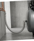 Badass Heavy Duty SS Braided Metal Air Hose Industrial Compressor Heat Resistant To 750 Degrees Fahrenheit High Pressure Endurance 450 Psi Flexible Install Adapting Tight Spaces Perfect For Pneumatic Tools Built Tough Go Hard Without Failures Ever. braided hose connected to compressor and copper pipe