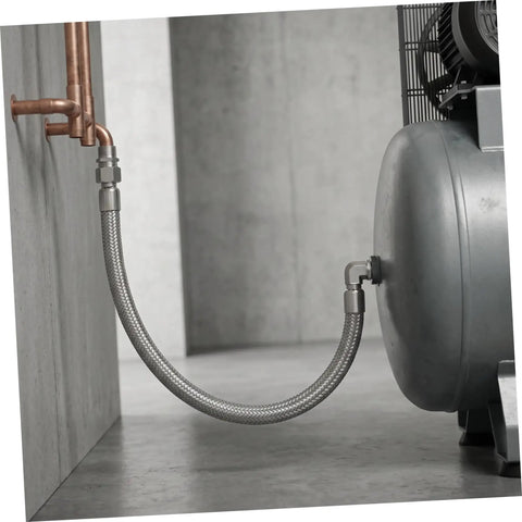 Badass Heavy Duty SS Braided Metal Air Hose Industrial Compressor Heat Resistant To 750 Degrees Fahrenheit High Pressure Endurance 450 Psi Flexible Install Adapting Tight Spaces Perfect For Pneumatic Tools Built Tough Go Hard Without Failures Ever. braided hose connected to compressor and copper pipe