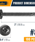 Pro Grade Black Stainless Steel Self Drilling Screws 100 Pack Size Eight By Two Inch Truss Head dimensions image showing 2" length and 0.4" head diameter.